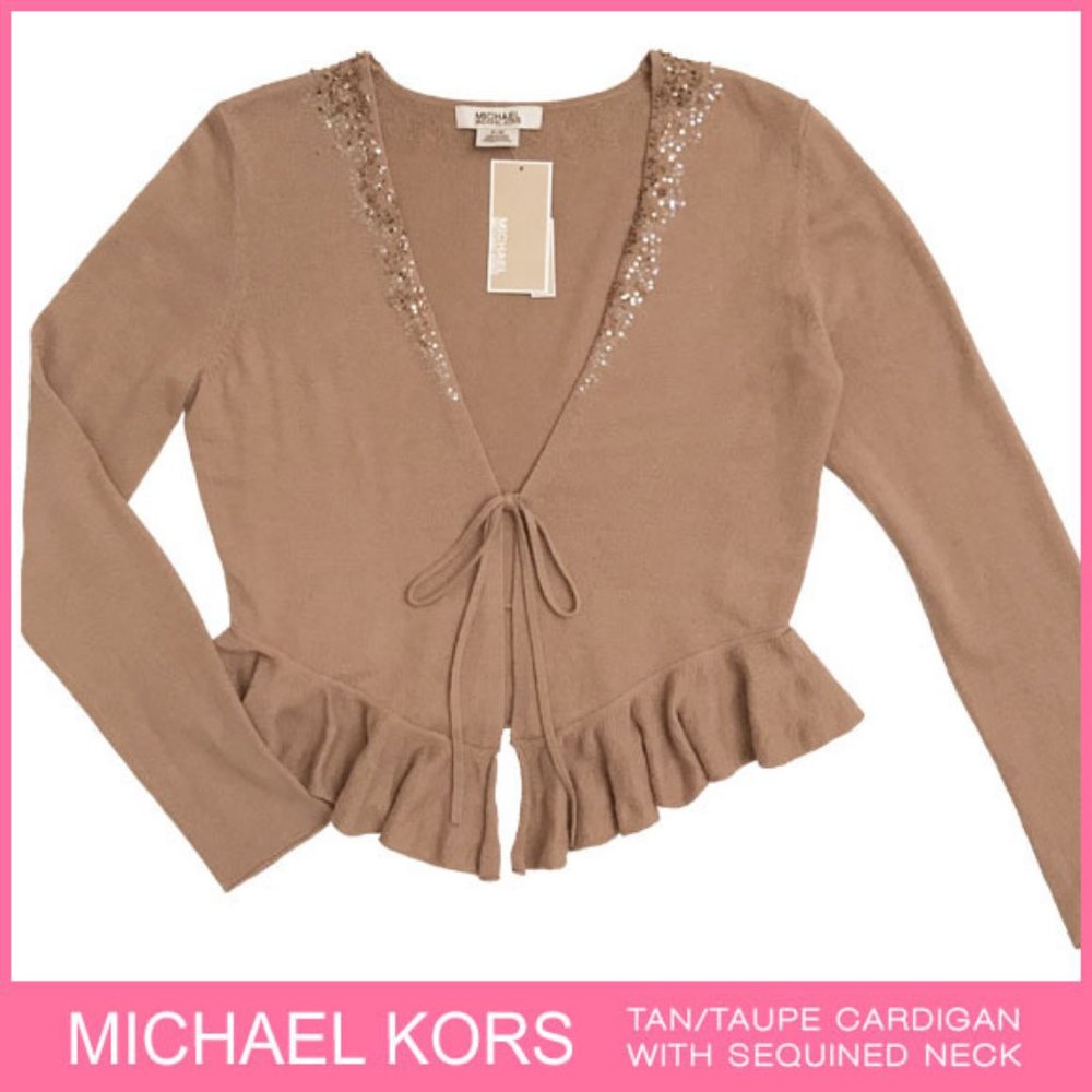 Michael Kors Tan/Taupe Cardigan With Sequined Neck Size P/M